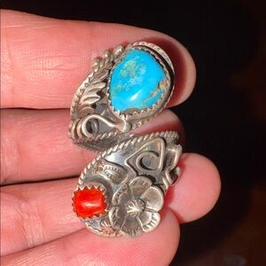 Turquoise and Coral 925 Silver Ring Stemware Bypass Navajo